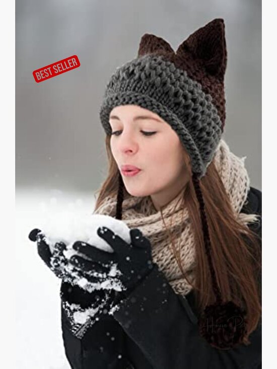 Cat Ear Beanie with Ear Flap Pompom Cute Fox Ears Hat Y2K Gothic Knit Beanie main image 4